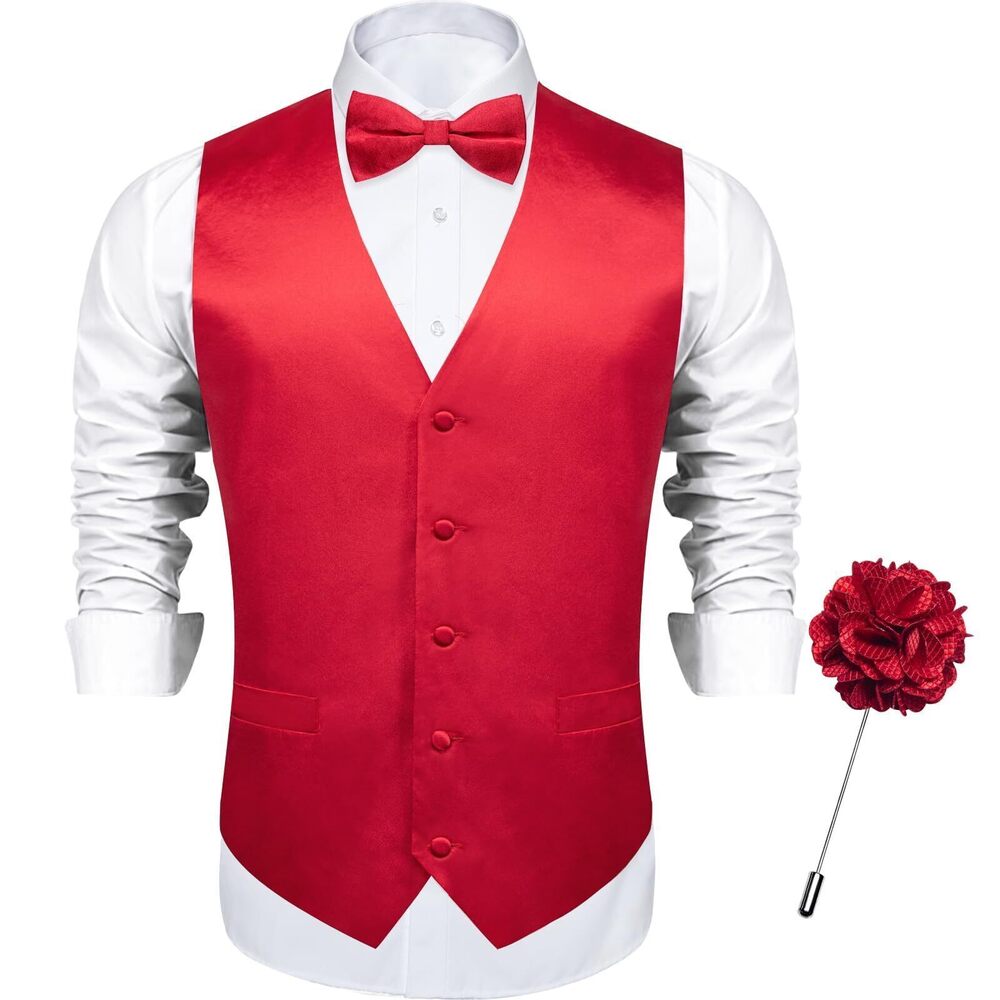5213 Satin Vest and Bowtie Lapel Pin Set for Suit or Tuxedo,Solid Dress